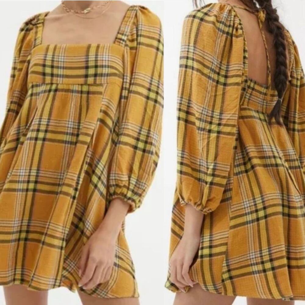 Urban Outfitters Plaid Flannel Mini Dress Puff Sleeve Smocked Yellow NEW Women S